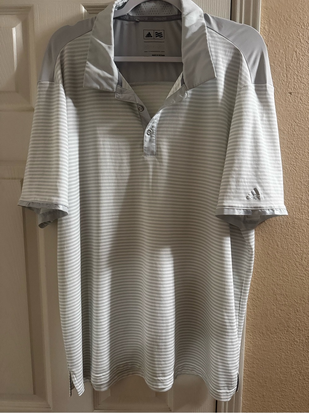adidas Men’s Light Gray and White Striped Polo